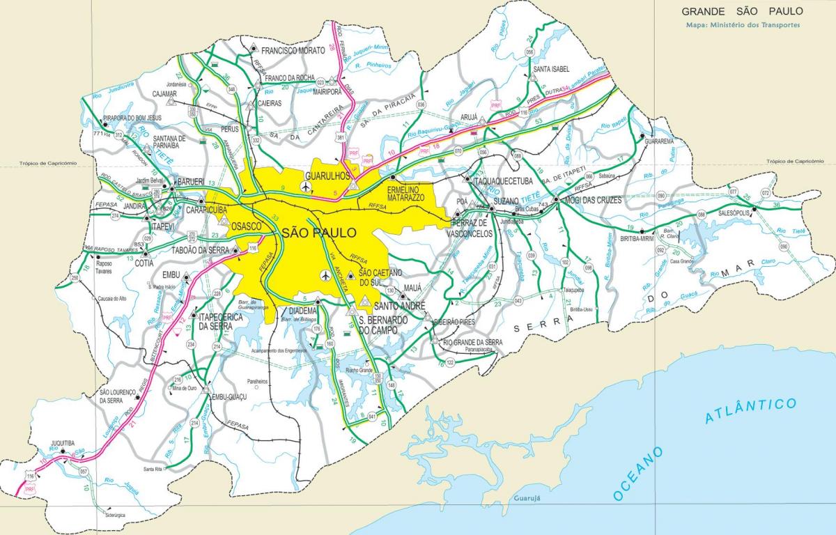 Kart av motorveier utkanten av São Paulo